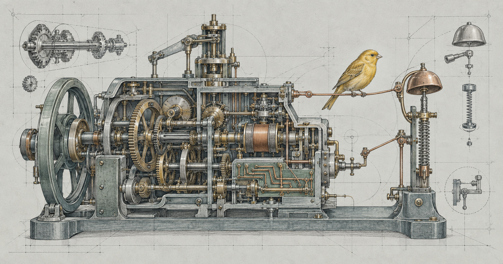 A canary perched on a copper tripwire connects an intricate clockwork machine to a small alarm bell.
