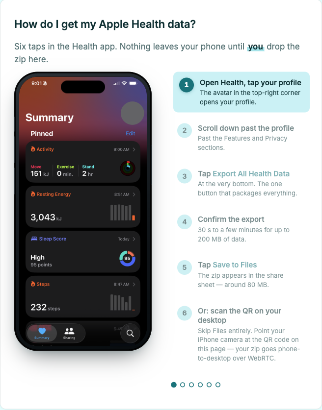 Getting the export off your iPhone — six taps, or scan the desktop QR