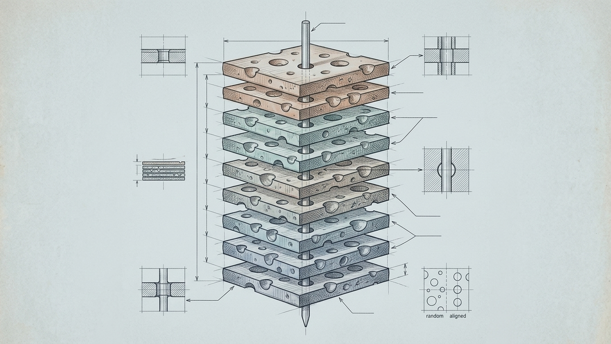 A blueprint cross-section of stacked redundant defence layers, each riddled with holes, with a single skewer passing through a hole aligned in the exact same spot on every layer.