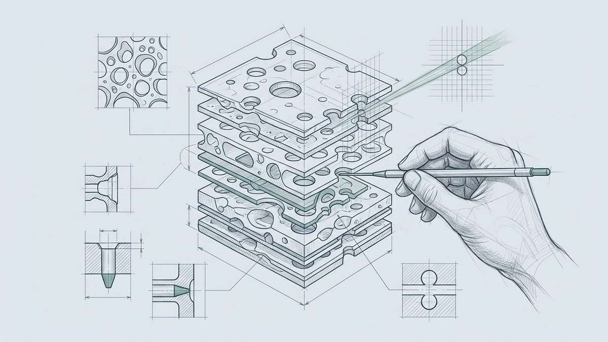 A blueprint cross-section of the same holey layers slid apart and probed by hand, a thin light beam catching two holes about to line up.