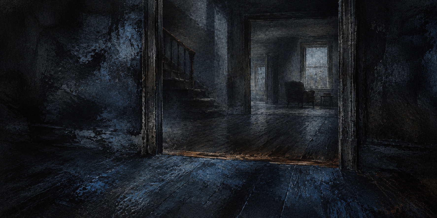 An abstract charcoal and blue house interior, with overlapping doorways leading to a chair by a grey window and a closed book on a small table.