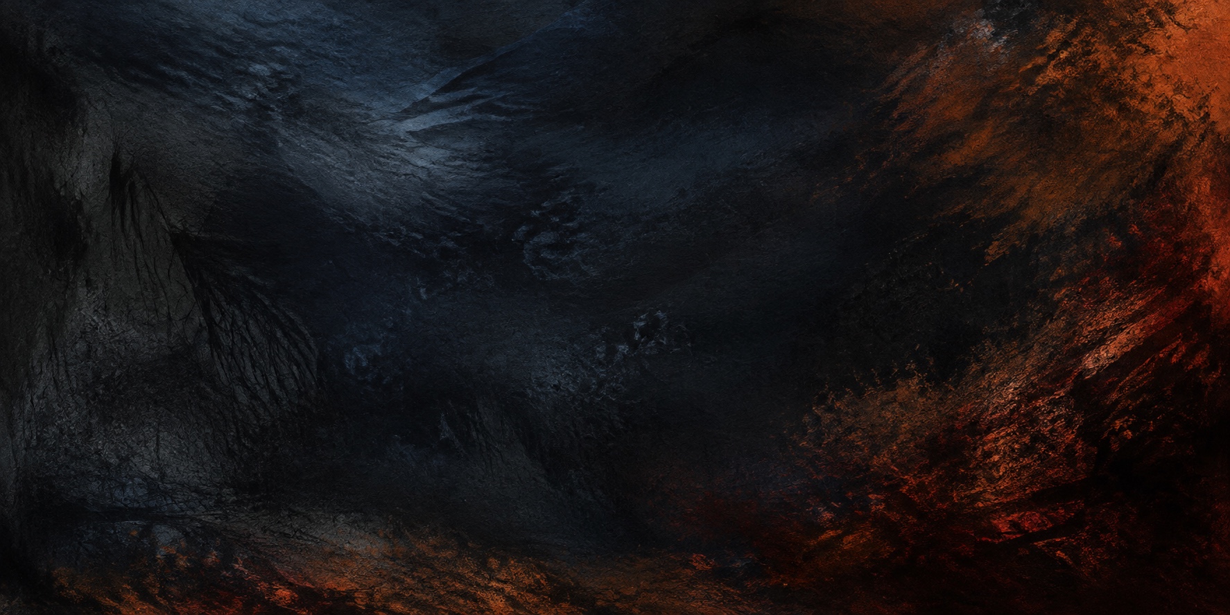 Abstract layers of charcoal and blue-black, with smoky copper embers along the edge.