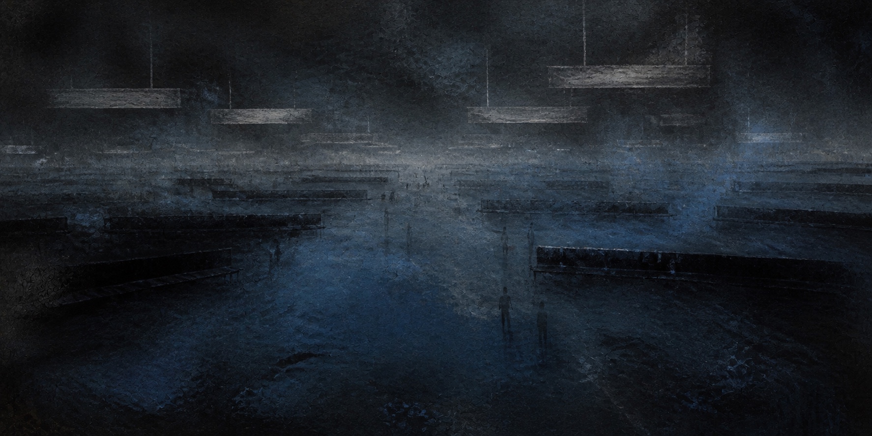 An abstract blue and charcoal airport concourse, with rows of seats and distant figures fading into haze.