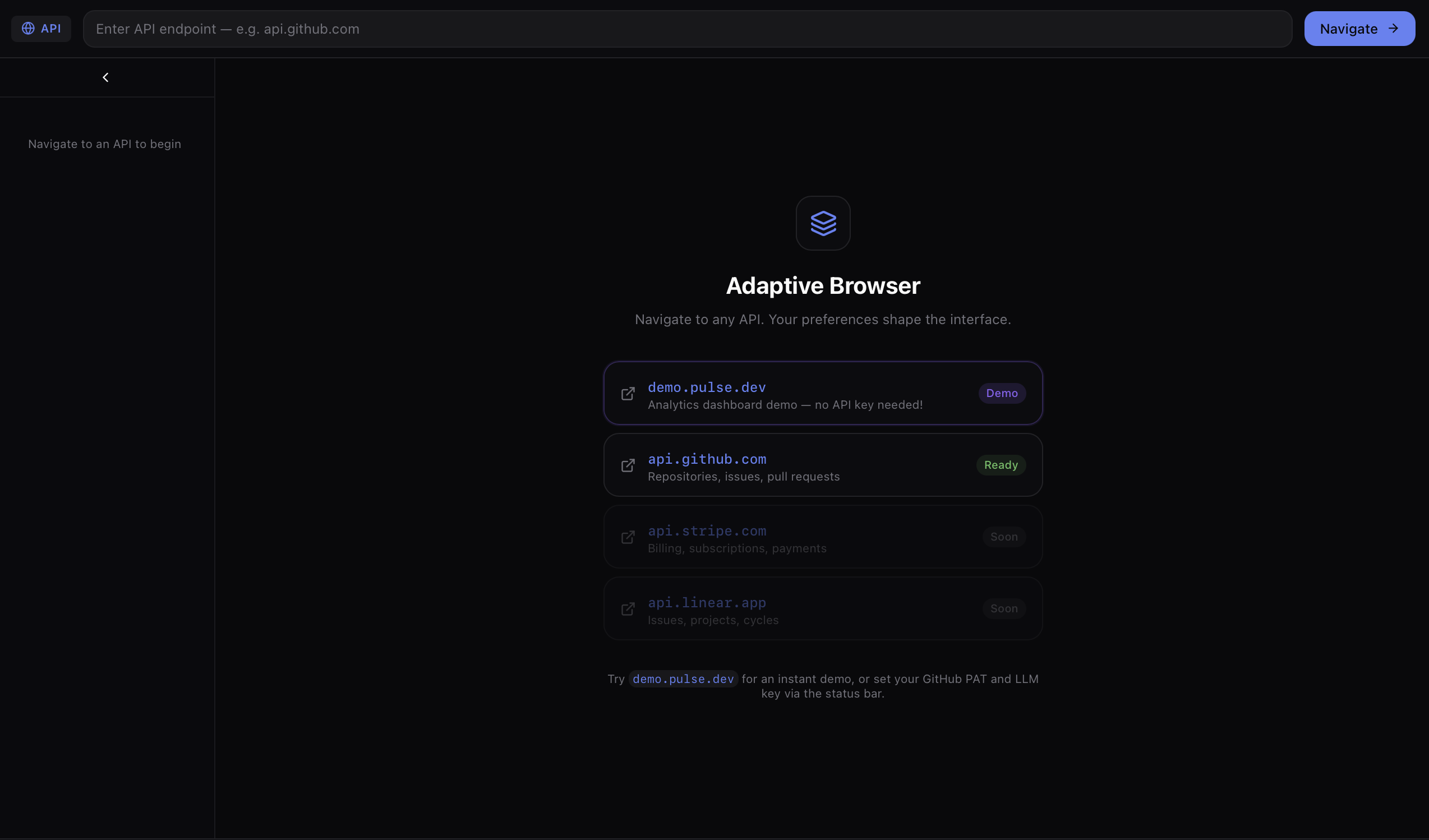 Adaptive Browser landing page — API endpoint list with preference-driven UI