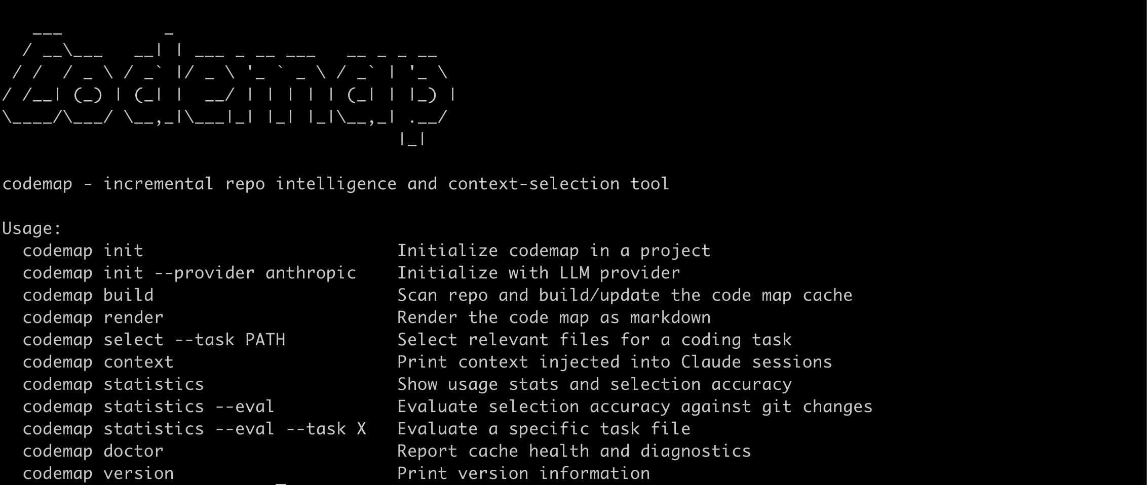 Codemap CLI showing ASCII banner and usage commands for incremental repo intelligence