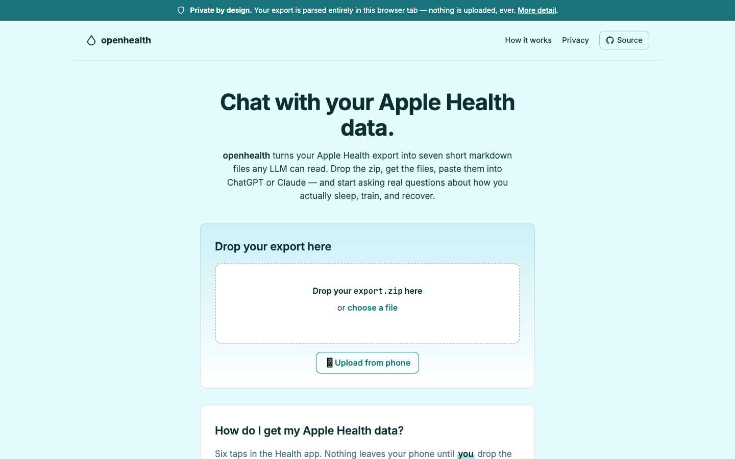 openhealth web app — drop your Apple Health export, get seven markdown files