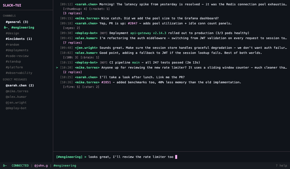Slack TUI chat view — retro terminal interface showing channel messages