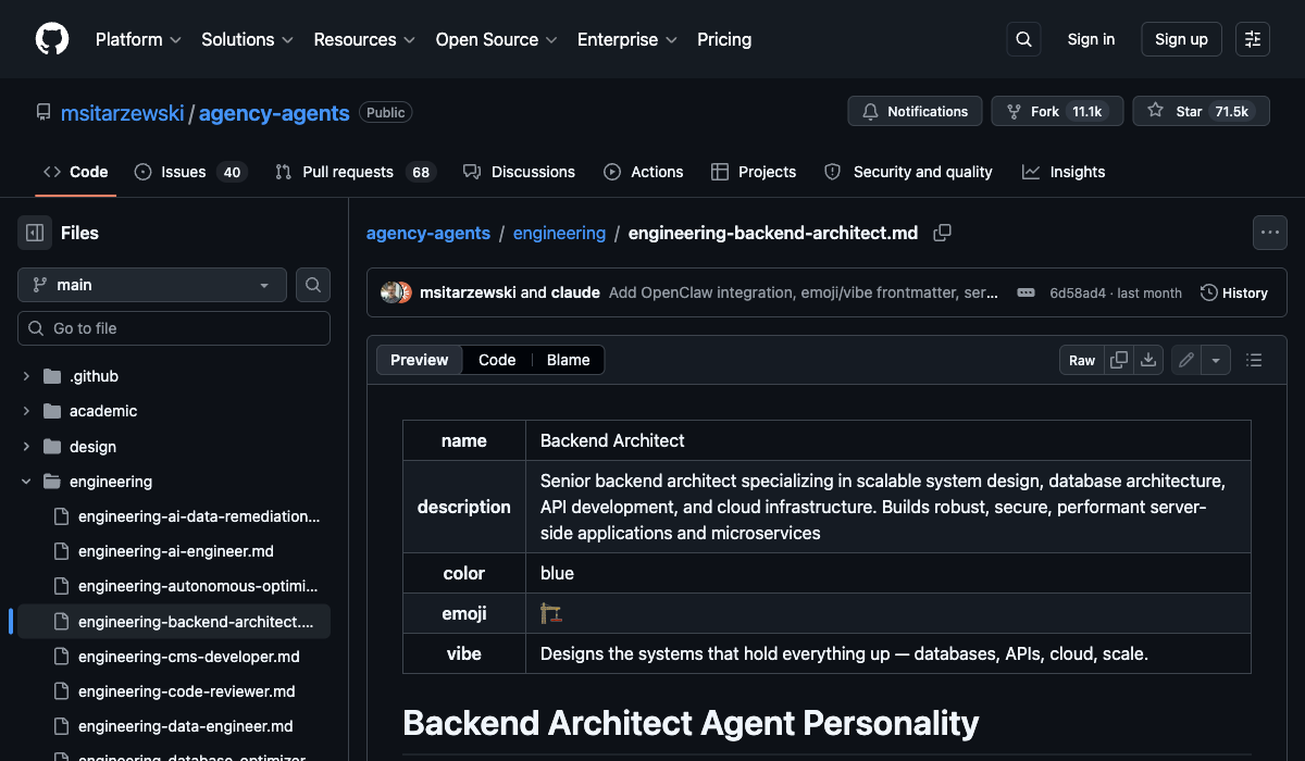 Backend Architect agent — frontmatter with name, description, colour, emoji, and vibe fields