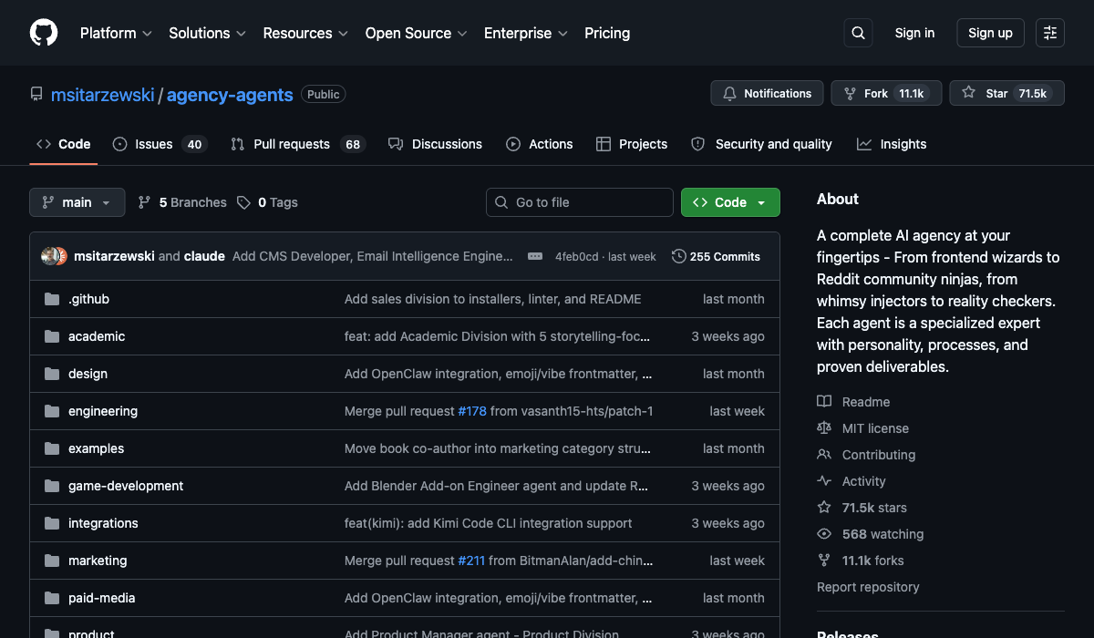 Agency Agents repo — 71.5k stars, 178 agent files across 14 domains