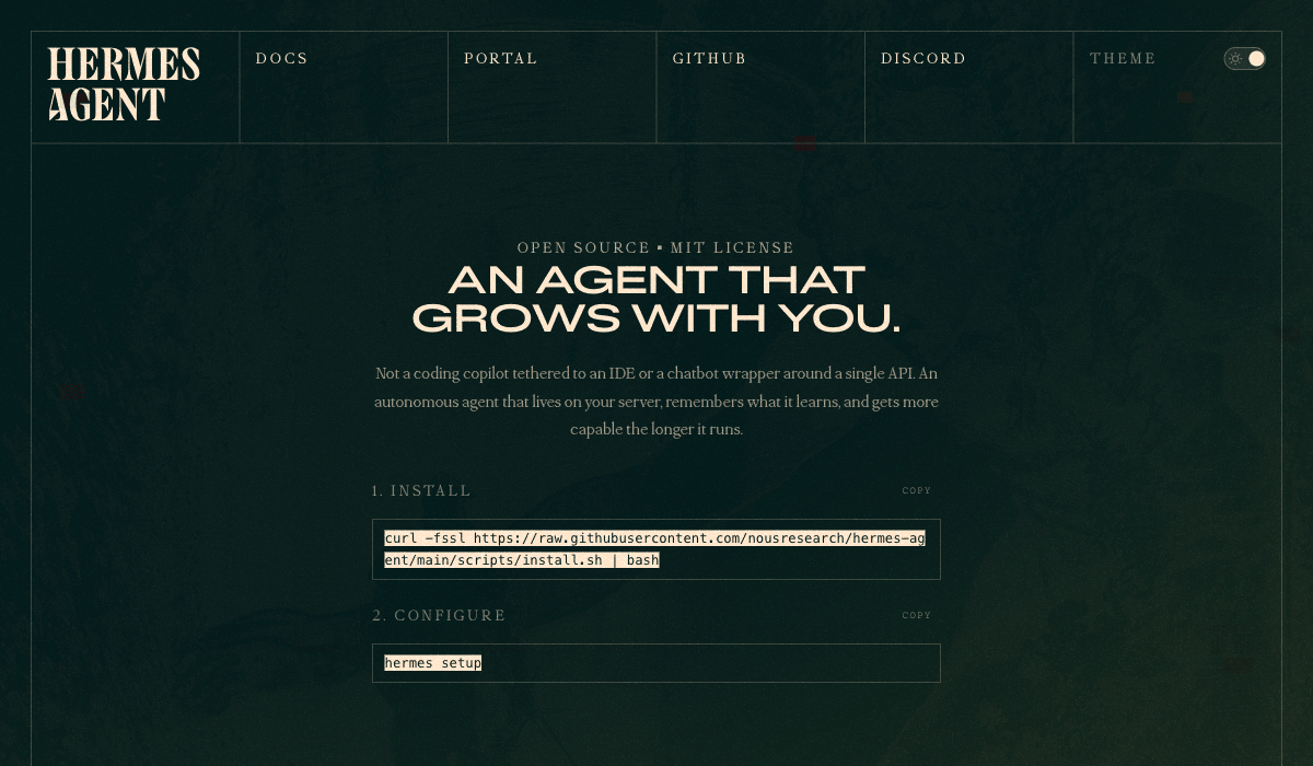Hermes Agent homepage — dark, moody, very on-brand for an AI research lab